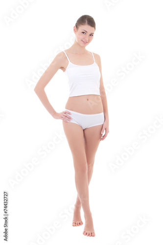 young beautiful slim woman in cotton underwear isolated on white