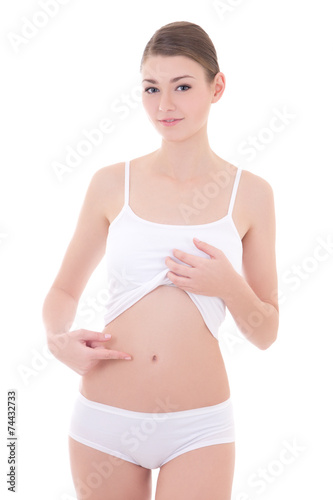 young beautiful slim woman in cotton underwear pointing at her s © Di Studio