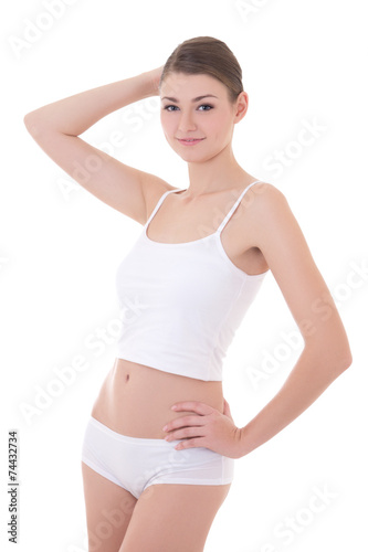 happy young beautiful slim woman in cotton underwear posing isol