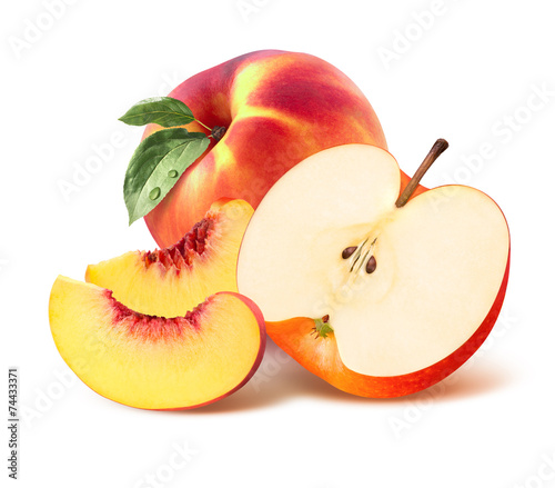 Whole peach, quarter and apple half isolated on white background