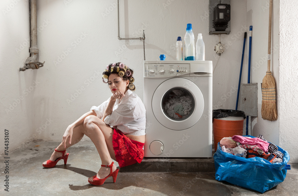 portrait of pretty woman in laundry portrait of pretty woman in laundry