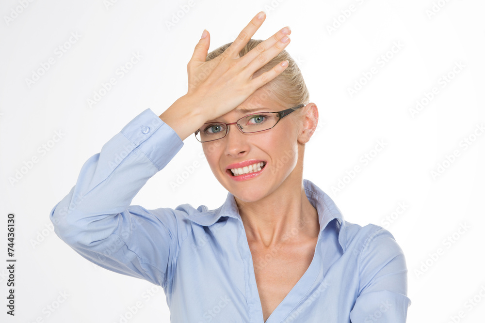nordic girl in trouble keeping a hand on her head nordic girl in trouble keeping a hand on her head