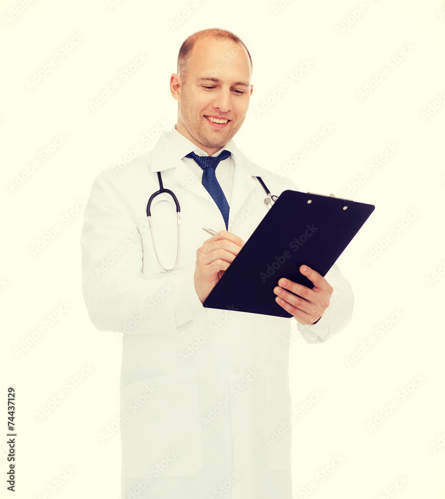 smiling male doctor with clipboard and stethoscope smiling male doctor with clipboard and stethoscope