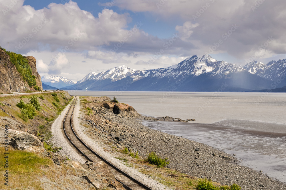 Railroad tracks running through Turnagain Arm, Alaska