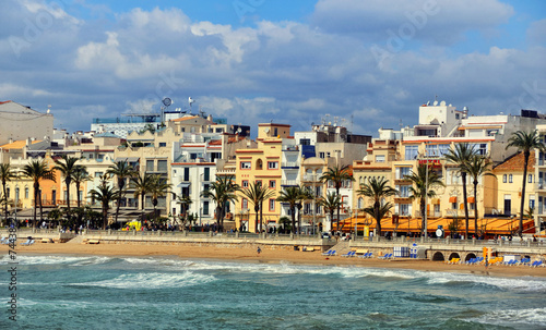 Coastline of summer resort Sitges, Costa Dorada, Spain #74438725