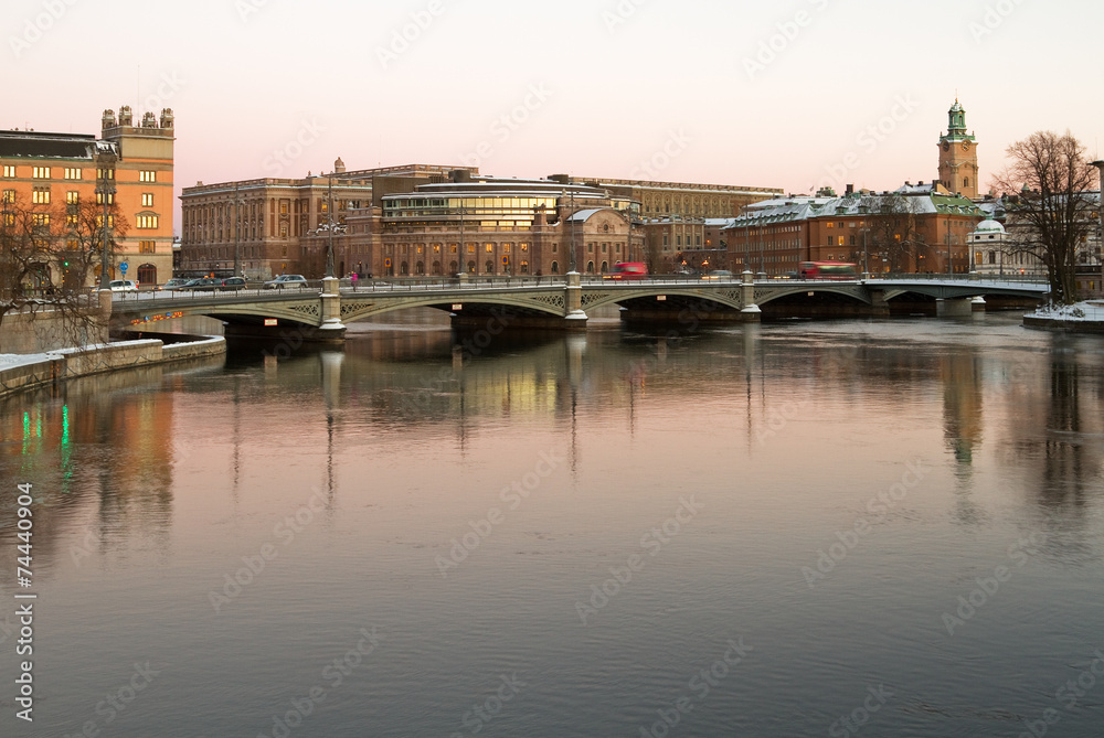 Parliament building and bridge in Stockholm.