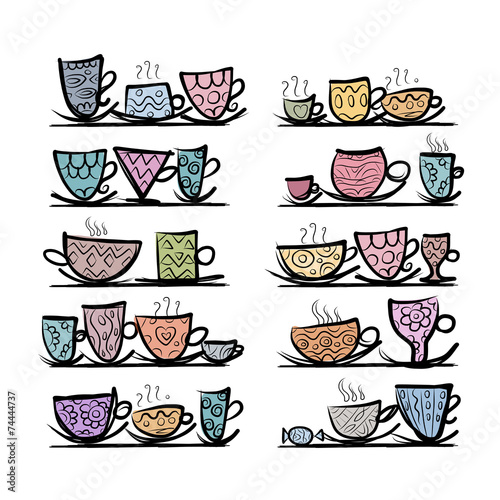Ornate mugs on shelves, sketch for your design