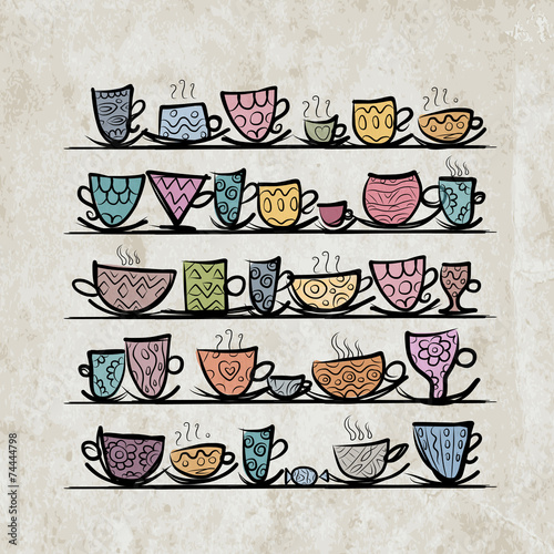 Ornate mugs on shelves, grunge background