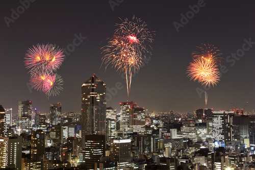 Fireworks celebrating over Tokyo cityscape at night © geargodz