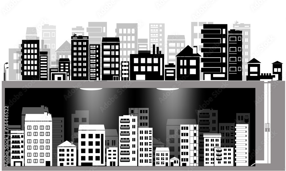 vector city silhouette icon set and underground city