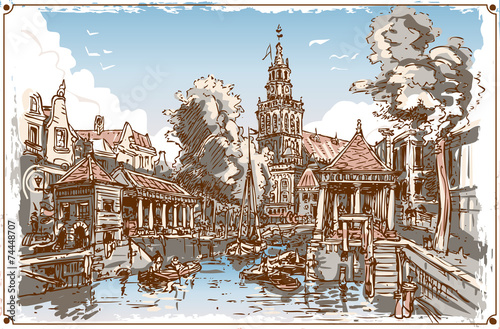 Vintage View of Fish Market Canal in Gouda, Nederland