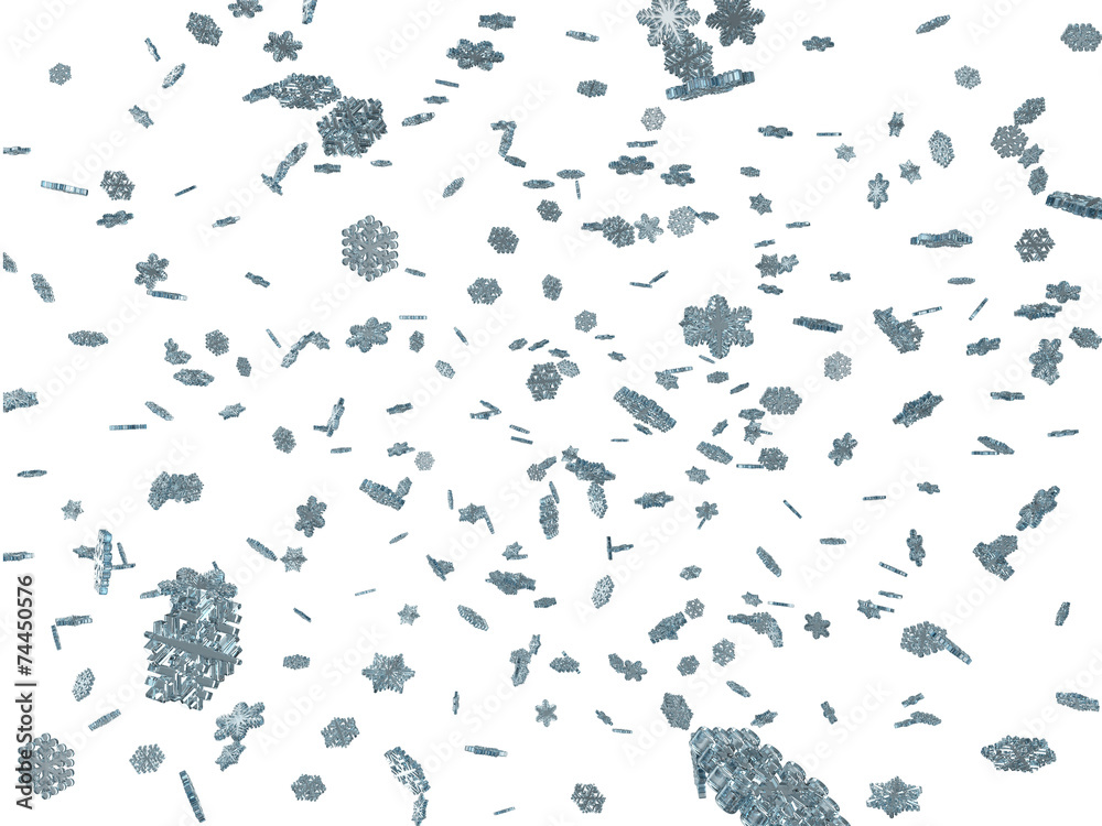 3D falling snowflakes winter background.