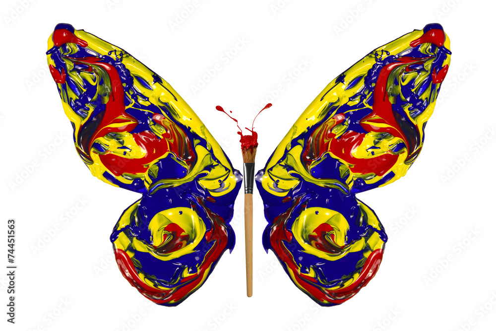 Blue red yellow paint made butterfly