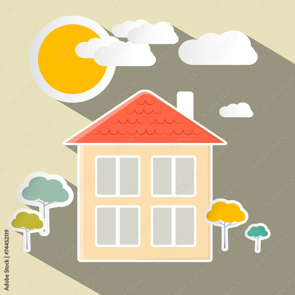 House and Trees Vector Paper Illustration