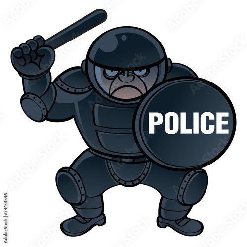 Cop in protective equipment – helmet, shield and nightstick