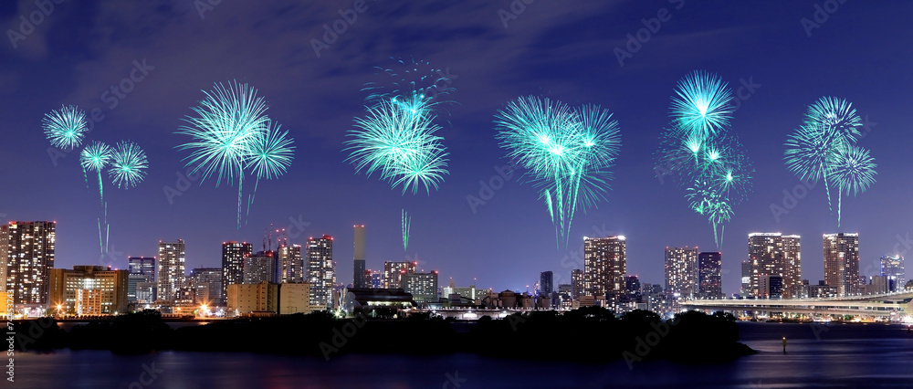 Obraz premium Fireworks celebrating over Odaiba, Tokyo cityscape at night