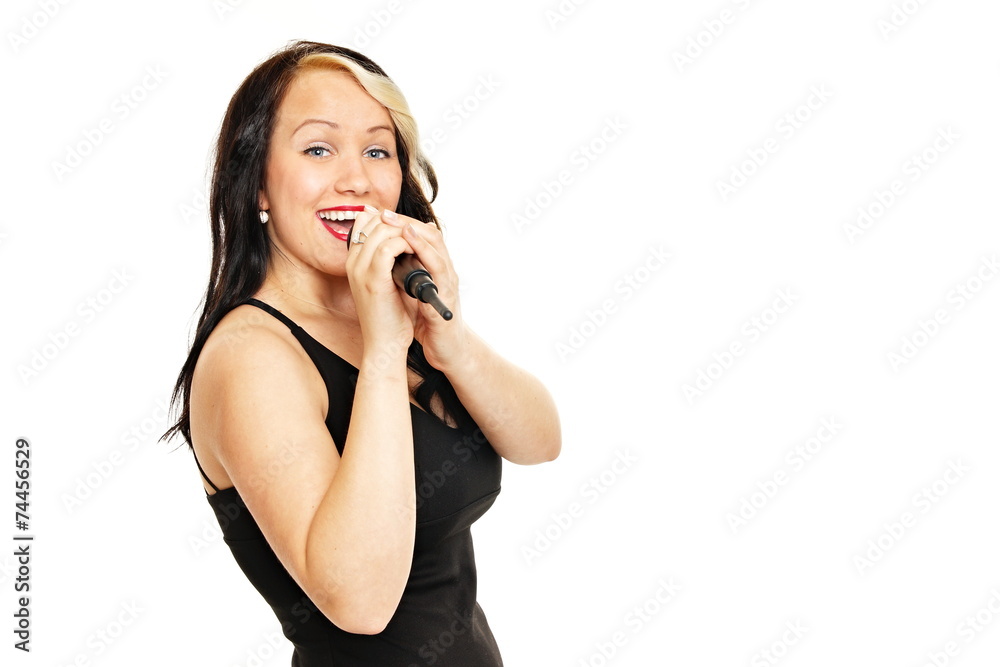 Karaoke with young girl on white background Karaoke with young girl on white background
