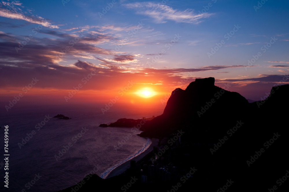Mountain Silhouette with Red Sunset in Rio de Janeiro