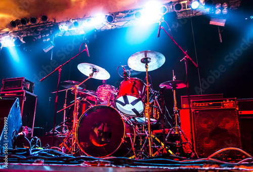 Music Instruments, Amplifier, Drums/Guitar on empty stage
