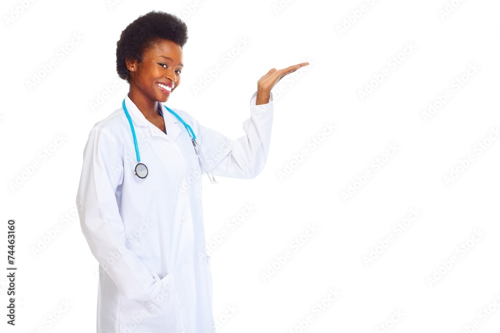 African doctor woman presenting copyspace.