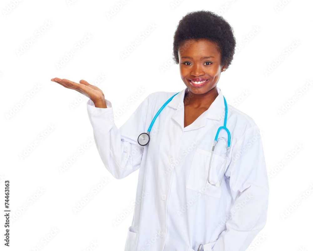 African doctor woman presenting copyspace. African doctor woman presenting copyspace.