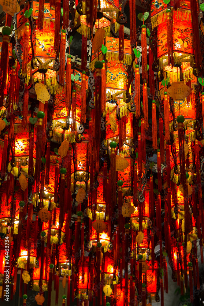 Closeup of many lit red lamps/lanterns in a temple