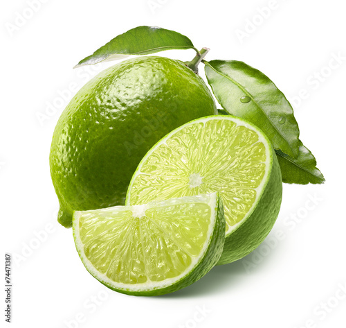 Whole lime, half and quarter slice isolated on white