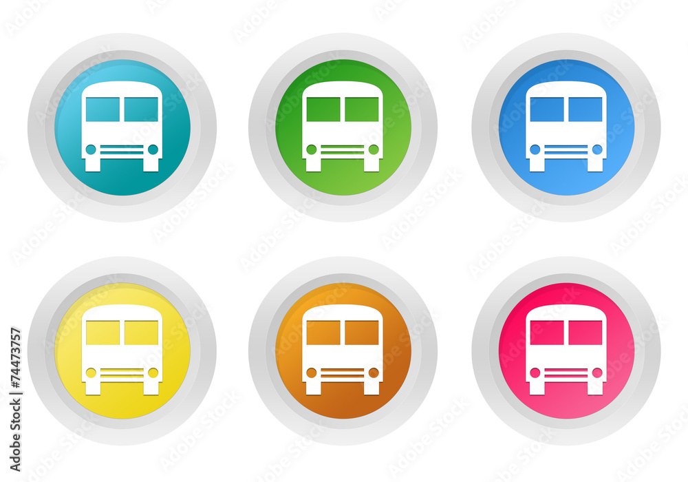 Set of rounded colorful buttons with bus symbol Set of rounded colorful buttons with bus symbol