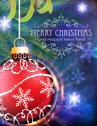 Red Christmas ball with fir branches and tinsel