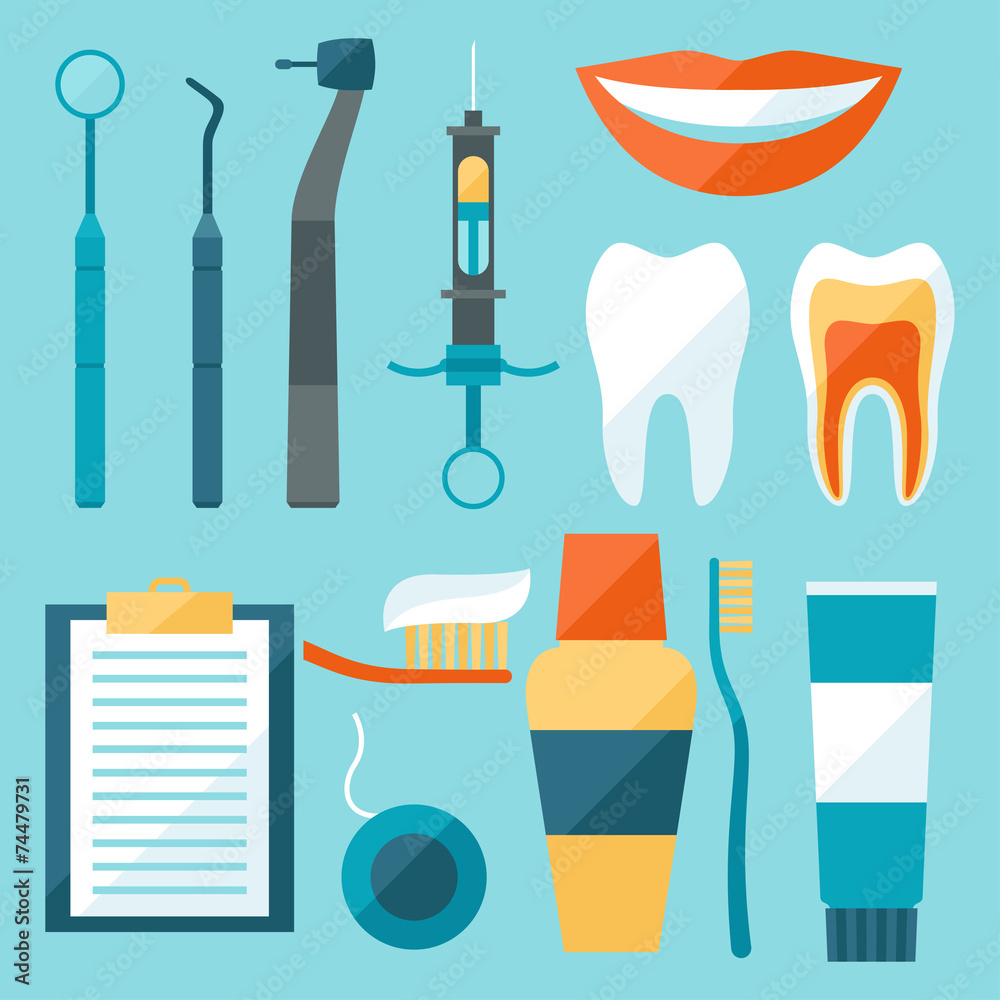 Obraz premium Medical dental equipment icons set in flat style.