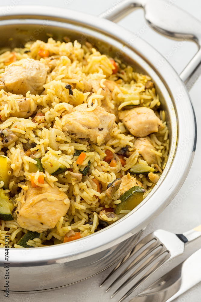 prepared pilaf with rice and chicken in pan prepared pilaf with rice and chicken in pan