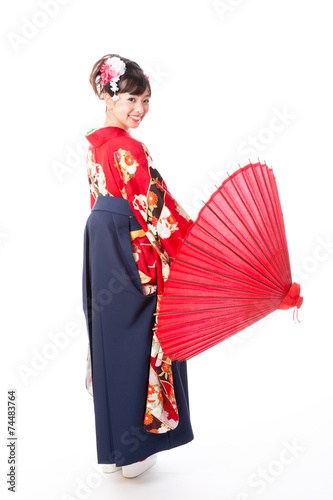 japanese woman wearing kimono on white background