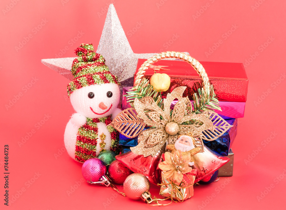 decoration of christmas and gift box on sweet pink background