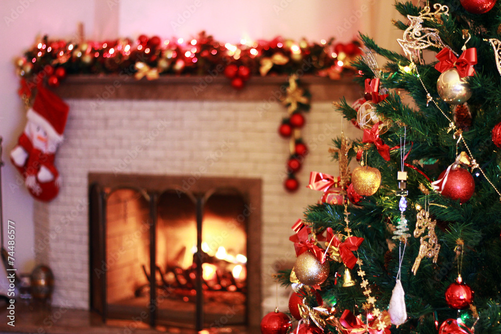 Home fireplace in the Christmas decorations