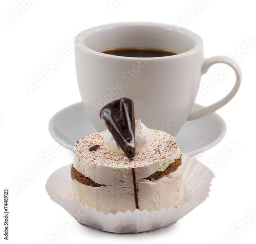 tiramisu and a cup of coffee isolated on white background