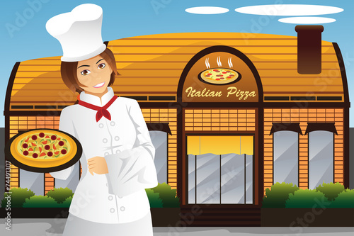 Waitress holding pizza