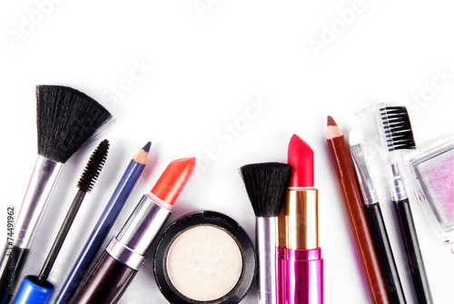 makeup and brushes cosmetic set isolated on white