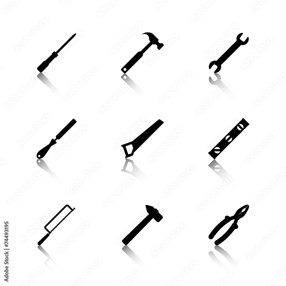 set of black tools with reflection set of black tools with reflection