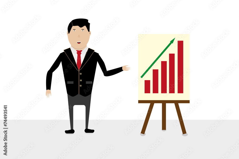 Businessman in suit with blank presentation easel gesturing with Businessman in suit with blank presentation easel gesturing with