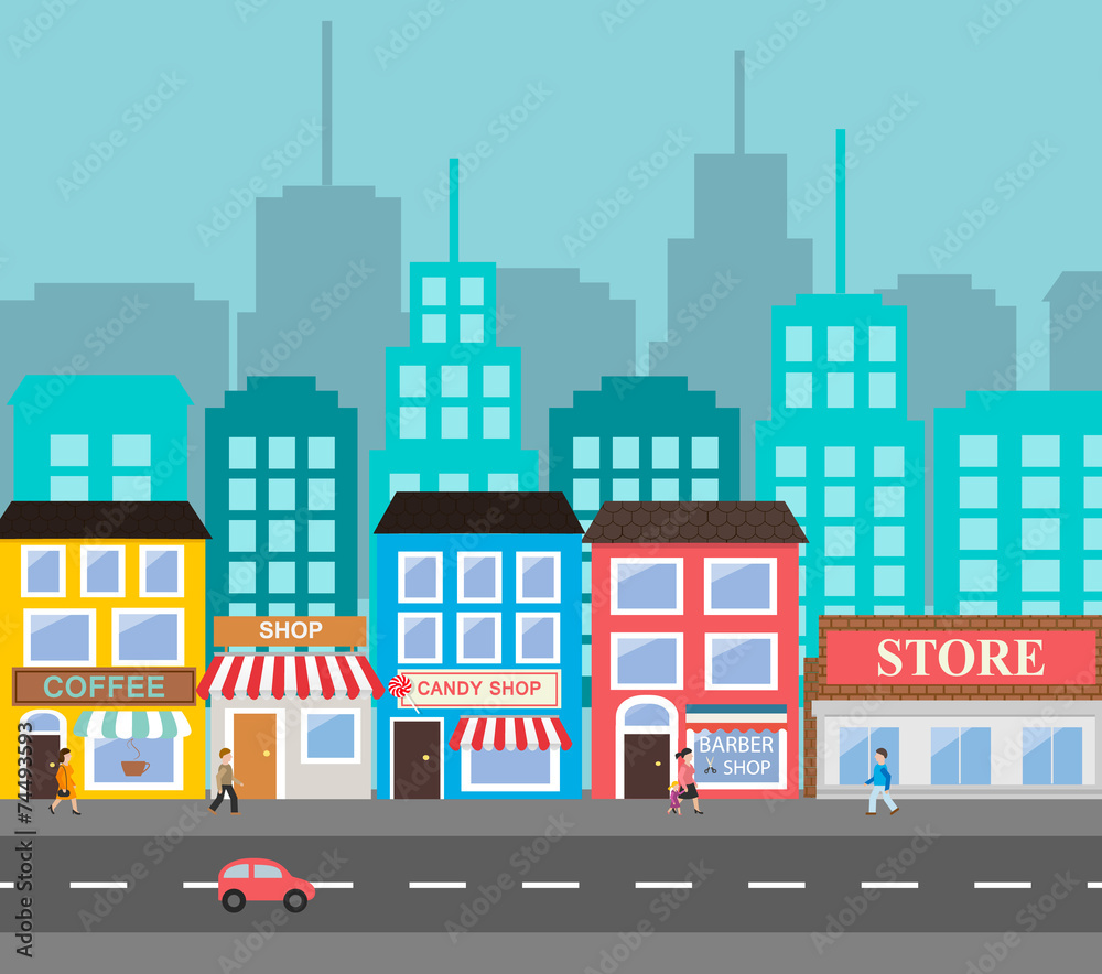 Small town urban landscape in flat design style, vector illustra