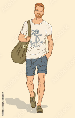 Hipster fashion trendy men. Full length vector portrait.