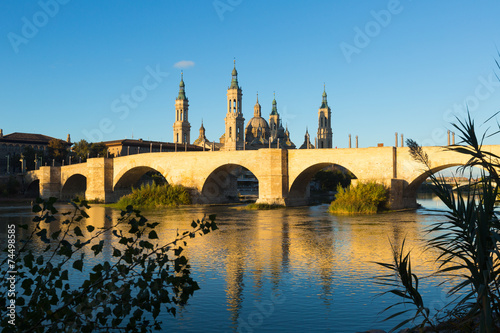 stone bridge in sunny morning. Zaragoza