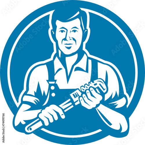 Plumber Holding Wrench Circle Retro