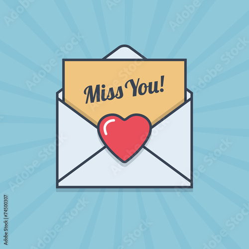 Miss You! letter with heart shape in flat style.