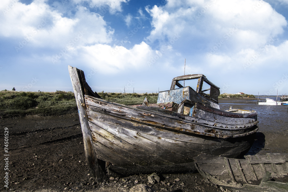 View of an old abandoned fishing boat on the marshlands.