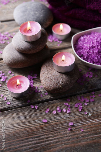 Composition of spa treatment on wooden background