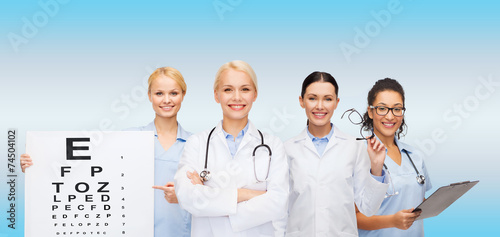 smiling female eye doctors and nurses