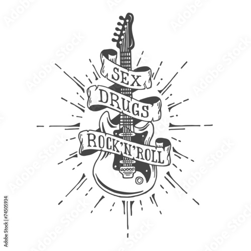 Hand drawn electric guitar with ribbon and text