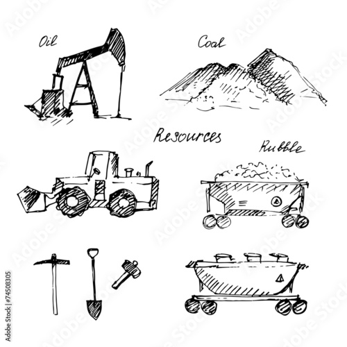 Hand drawn resource extraction and transportation sketch.