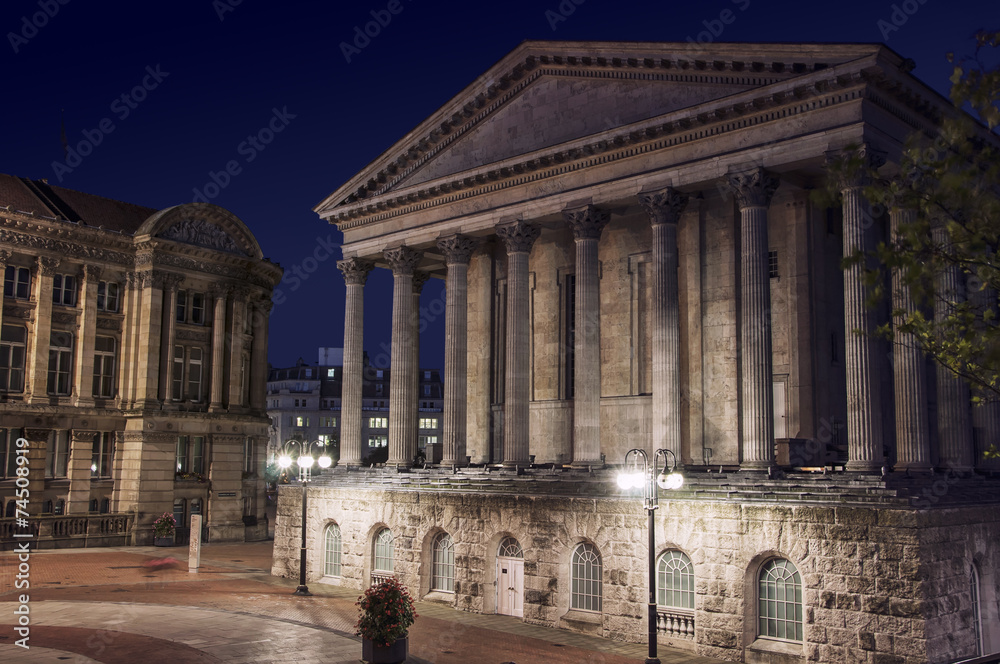 Old building of Birmingham Town Hall, UK at night